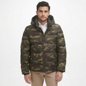 Mens Fashion Canvas Quilted Puffer Jacket Stand Collar Front Logo Standard <b>Thickness</b> Warm <b>Winter</b> <b>Coat</b> Comfortable Outdoor Wear - Product Image 1