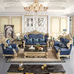 7 Seater Royal Luxury Antique Living Room Furniture Original Leather Sofa Set White And Gold Fabric Living Room Sofa Set