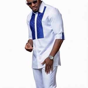 Ensemble 2 pièces pour homme, chemise à manches longues à col rond en polyester brodé style Dashiki ethnique africain, tailles S-3XL, avec pantalon à nouer - Product Image 1