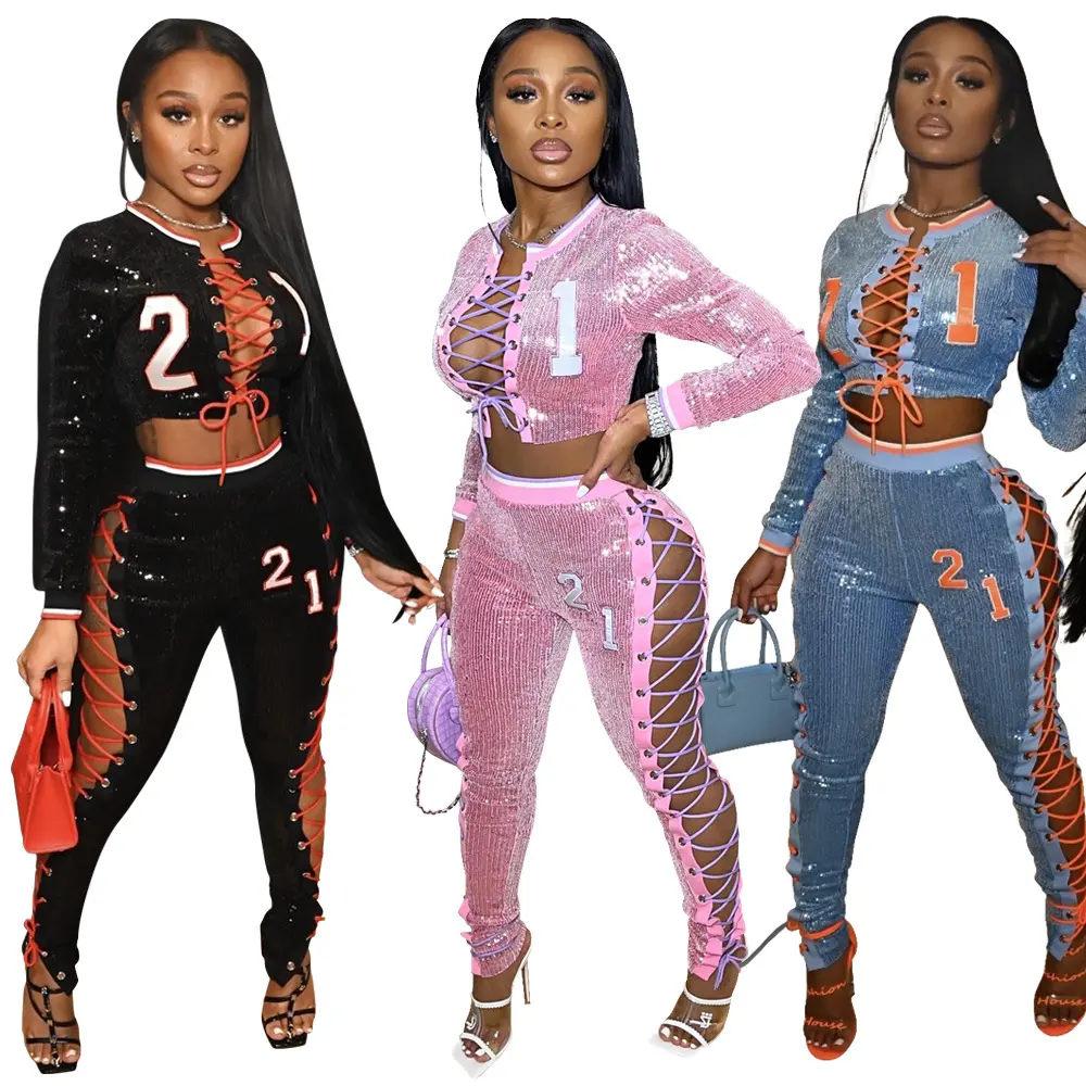 Spring 2022 women clothes lace-up varsity jacket bomber with pencil pants Fashion sequins sexy 2 piece set women sets