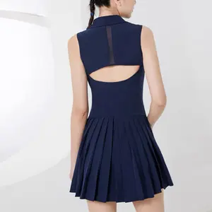 High quality sleeveless V neck ladies pleated back flared tennis dress with shorts women golf polo dress