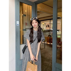 Plaid Shirt Dress Women Summer Long Dress Collared Neck Loose Waist Slit Breathable Daily Casual Dress - Product Image 4