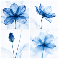 Tableau mural en toile bleu floral, 4 panneaux, impression florale abstraite, peinture numérique encadrée en bois pour salon, chambre, bureau