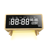 Multifunctionele houten telefoonstandaard met 15W snel draadloos opladen, digitale wekker, dimbare LED nachtlamp en LED indicator voor de slaapkamer