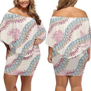 ファッションドレスセクシーオフショルダースタイル弾性通気性生地Puakenikeni Lei Aloha Print Lanikai女性用ドレス - Product Image 1