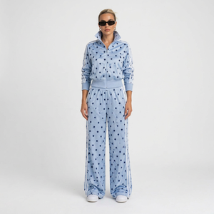 Conjunto Deportivo de 2 Piezas para Mujer, Azul Claro, Estampado de Lunares, Estilo Y2K, Chaqueta con Cierre y Cuello Alto, Pantalones Anchos de Poliéster/Algodón Ligero - Product Image 1