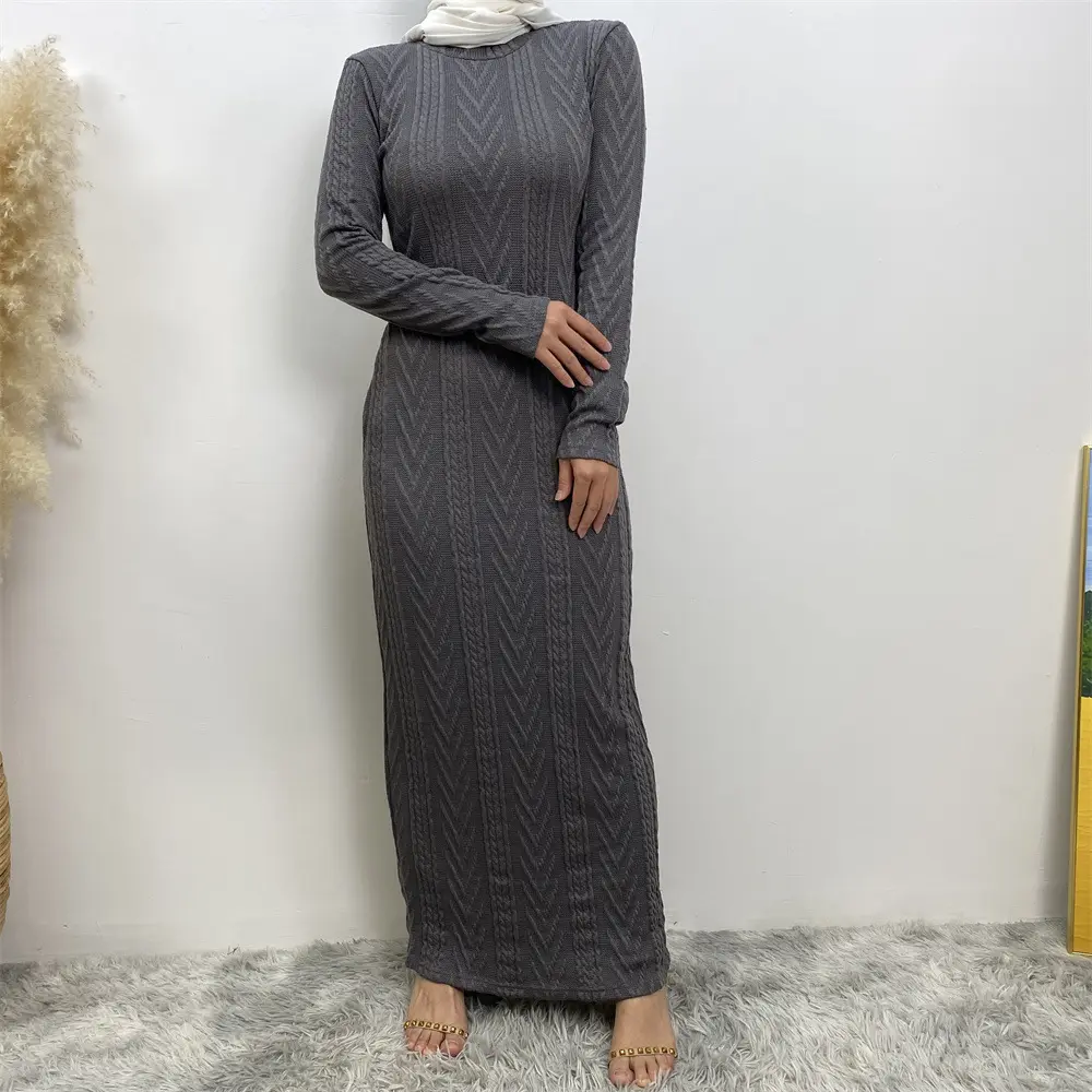 도매 단색 긴 캐주얼 드레스 여성 두바이 이슬람 원피스 우아한 풀오버 니트 긴 소매 스웨터 원피스