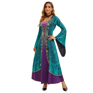 Vestido con Capucha Estilo Gitano para Mujer, Manga Larga con Volantes, Color Morado y Verde Azulado, Disfraz Elegante, Disfraz de Bruja para Halloween - Product Image 2