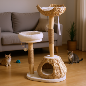 Arbre à chat moderne blanc crème de 41 pouces pour intérieur avec coussins amovibles et balles jouets, griffoirs - Product Image 2
