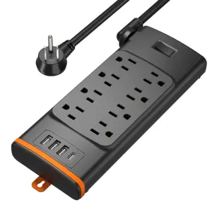 8 Outlet Universal Usb Extension Board Power Strip US Socket Outlet usb a *3 & USB C*1 with Surge Protection(2700j) Black 125V