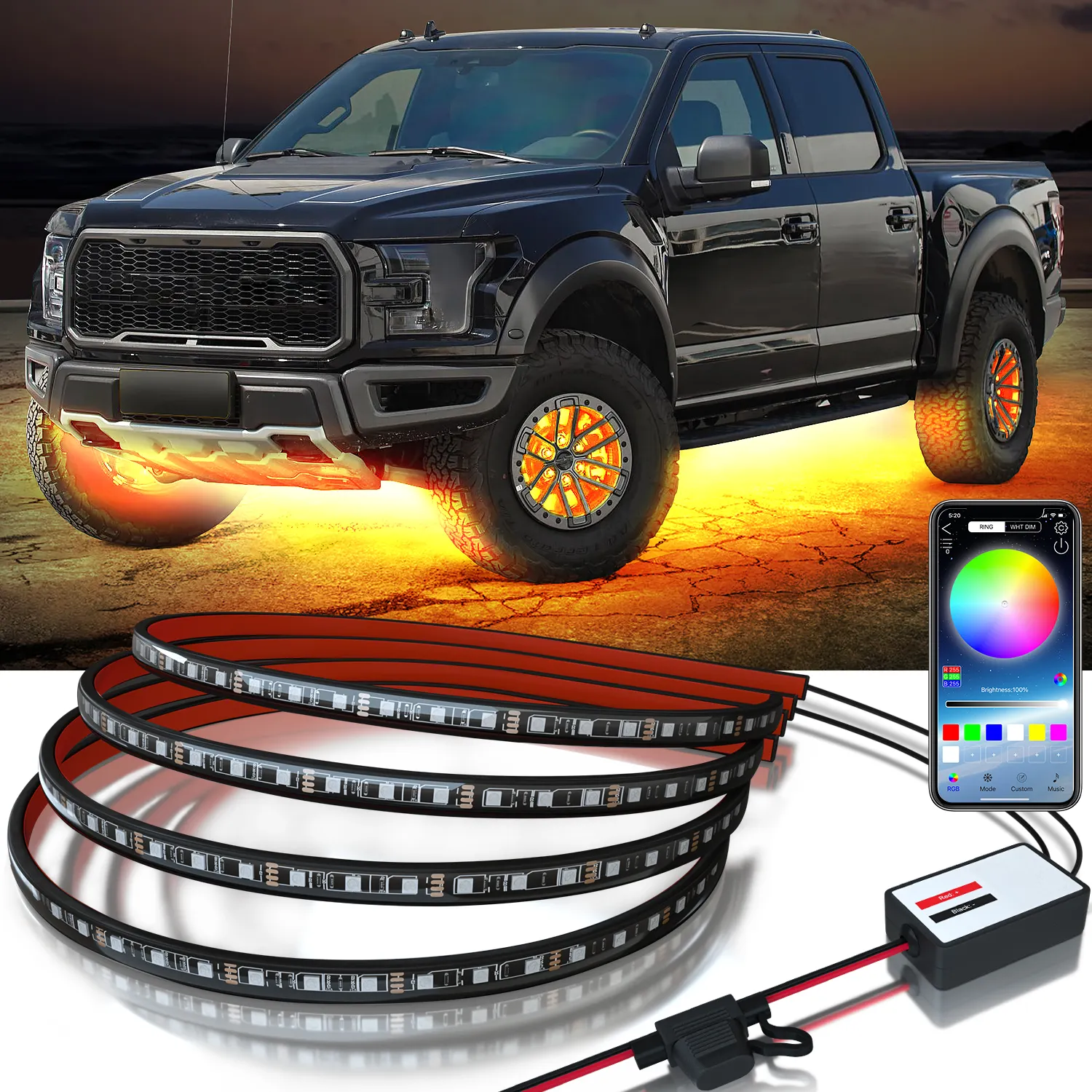 Kit de iluminação ambiente exterior IP68 RGB LED para carro, luzes LED multicoloridas para carros, controle por aplicativo, faixa de luz LED Underglow