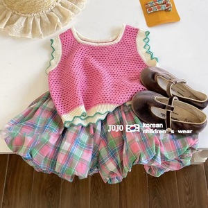 Jojo Korean Childrens Wear Pink Crochet Top Plaid Skirt Set Summer Outfit For Girls - Product Image 1