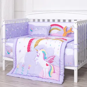 Rainbow Unicorn Theme 3pc Nursing Comforter Cot Set Crib Bedding Organic Cotton Baby Crib Bedding Set For Girl