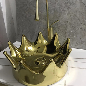 Lo último en lavarse a mano Lavavo Unique Crown Shaped Counter Golden Sink Ceramic Black Basin Bathroom Sink Vessel - Product Image 4