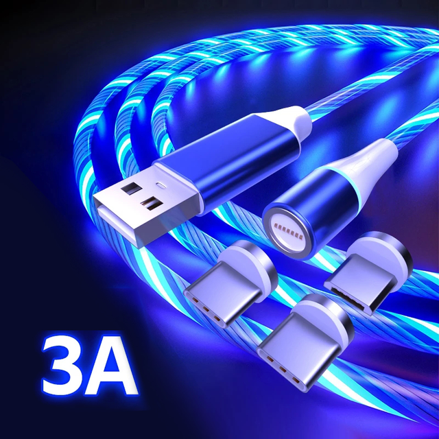 Popular Multi Colors LED Charging Cable Magnet Phone Charging Cable 3 in 1 3A Fast Charge Cable