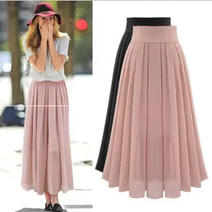 Groothandel Fashion Design Casual Plain Zomer Chiffon Geplooide Lange Maxi Vrouwen Rokken