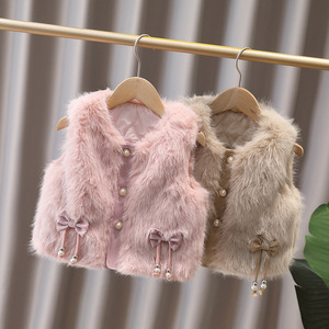 Chaleco Cálido y Peludo para Otoño e Invierno para Bebé Niña, Ropa Exterior Linda y Moderna con Decoración de Lazo y Perlas - Product Image 1