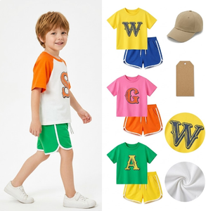 Conjuntos de Ropa de Verano Premium para Niños, Manga Corta, Cuello Redondo, Algodón, para Niños Pequeños, Colores Mezclados, Patrones de Letras Vintage - Product Image 1