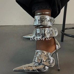 Custom Women's Denim Metal Thin High Heels Sexy Punk Style Buckles Outdoor Breathable <b>Closed</b> Pointed <b>Toe</b> Straps Spring Summer - Product Image 5