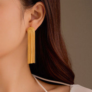 Boucles d'oreilles pendantes à pompons en acier inoxydable 316L plaqué or 14k 18k pour femmes, vente en gros de mode - Product Image 1