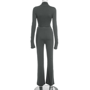 Viviblook D25ST426 Autumn Women's Clothing Set High Collar Long <b>Sleeves</b> Crop <b>Top</b> High Waist Flared Pants Set - Product Image 4