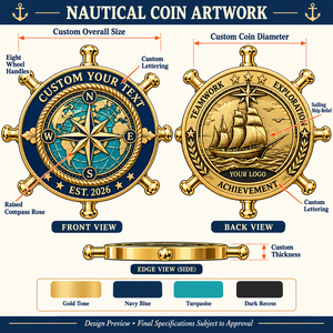 Pièces commémoratives nautiques personnalisées : Boussole et roue de bateau en relief 3D émaillé – Cadeaux de collection pour récompenses d'équipe et anniversaires maritimes - Product Image 4