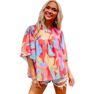 Wholesale Abstract Pattern Wide Sleeve Cute Loose Blouse for Women 2024 Trendy