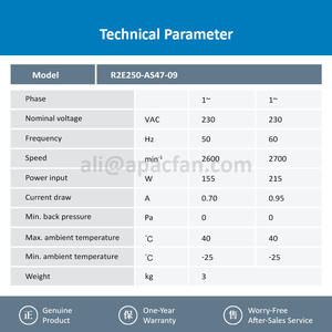 Ventilador Centrífugo de Refrigeración para Condensadores y Evaporadores, con Rodamiento de Bolas, 250 mm, 230 V CA, 155 W, 0.70 A, 2600 RPM, OEM ODM, para R2E250-AS47-09 - Product Image 3