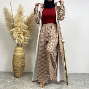 6674# Summer Fast Fashion 2 Piece Set Satin <b>Printed</b> Pant Sets With Buttons Long Cardigan Loose Women Pants for Muslim Women - Product Image 3