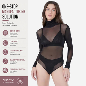 <strong>See</strong> <strong>Through</strong> Tight Neckline <strong>Thong</strong> Cut Back Snap Closure Double Layered Mesh Sexy Transparent Bodysuit for Women - Product Image 1