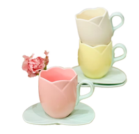 Ensemble de tasses en porcelaine aux couleurs vives avec motif de tulipes et soucoupes - Passe au lave-vaisselle et au micro-ondes pour les boissons chaudes/froides, utilisation à la maison ou au bureau