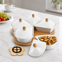 Plateau de service Lazy Susan en bambou pour frites, fruits, bonbons et apéritifs, avec 5 bols en céramique amovibles et couvercles