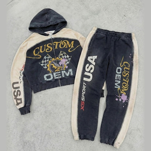 Streetwear Digital Printing Black White OEM Custom LOGO Printing 2-piece Heavyweight 400 GSM Zipper-up Men's Hoodie Set - Product Image 1