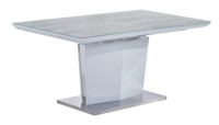 Table à manger contemporaine réglable en verre blanc, MDF et acier inoxydable, résistante à l'eau