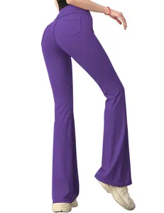 Quick-Dry Spandex Butt Lift Dark Purple Large Size Yoga Pants Breathable Women's Yoga Flare Leggings with Pockets For Women