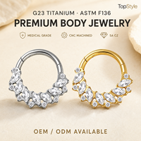 Anneau clicker en titane G23 plaqué or 18 carats, orné de multiples zircone cubique en forme d'éventail, conforme ASTM F136, pour septum, nez, hélix, cartilage, oreille