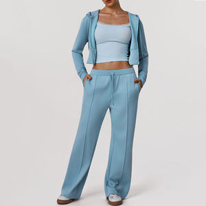 Ensemble de yoga FH Solid personnalisé avec fermeture éclair et cordon de serrage, pantalon taille haute à jambes larges, deux pièces, coupe ample, respirant, extensible dans quatre directions, vêtements de sport - Product Image 3