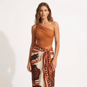Women 1 Piece High Cut One Shoulder <b>Mesh</b> Cutout Ruched Print Wrap Beach <b>Skirt</b> Quick Dry Swimwear Wholesale - Product Image 1