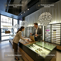 Vitrine optique LED de luxe en verre trempé, présentoir à lunettes personnalisé en bois pour opticien de boutique