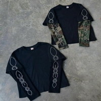T-shirt personnalisé pour homme, effet deux pièces, gaufré, à manches longues, coupe courte, avec broderie de perles graphique, couleur unie, style Y2K Hip Hop Streetwear