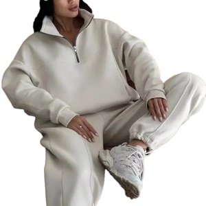 Conjunto Deportivo Informal para Mujer, Sudadera con Media Cremallera y Pantalones Jogger, Color Sólido, Manga Larga, Estilo Holgado, con Largo hasta el Tobillo - Product Image 1