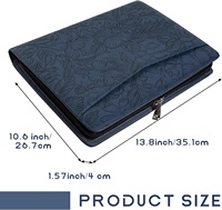 Porte-documents en cuir PU vegan bleu foncé à motif floral gaufré, pour hommes et femmes, format A4, avec pochette pour ordinateur portable et fermeture éclair, idéal comme cadeau