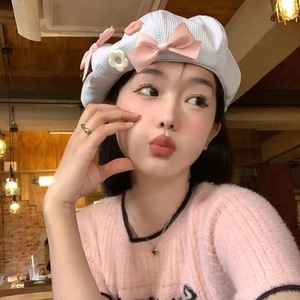Cotton <b>Beret</b> With Butterfly Knot And Print Design For Spring Autumn Wear - Product Image 1