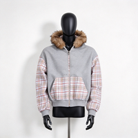 Sweat à capuche zippé pour homme, épais 400 g/m², à manches à carreaux, col en fausse fourrure, style patchwork vintage, streetwear, coupe oversize, personnalisable OEM