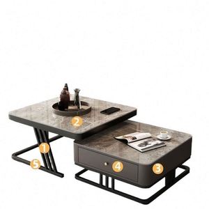 Mesa de Centro Moderna <span class=keywords><strong>para</strong></span> Sala de Estar, Diseño Minimalista, Superficie Metálica, Juego de Mesa de Centro con Base Elegante - Product Image 4