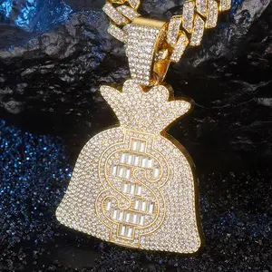 Sisslia đồ trang sức thời trang Shining Money Bag với Dollar Sign Charm Mặt dây chuyền 14K mạ vàng kim cương Iced out Mặt dây chuyền vòng cổ