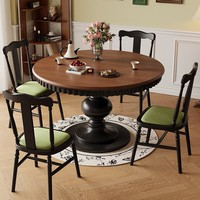 Table à manger ronde vintage en bois massif avec piétement sculpté, finition noire, style médiéval, mobilier de salle à manger pour hôtel, restaurant, villa