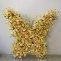 Backdrop dinding bunga mawar kupu-kupu 3D ukuran 8ft x 8ft, stand lengkung sutra biru, buatan tangan modern untuk pernikahan dan hari Valentine