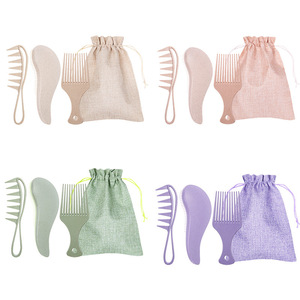 Scalp Massage Hair Brush Wide Tooth Comb Set With Drawstring <b>Bag</b> For Home Use Unisex 20cm Above <b>Wheat</b> Straw Flax Material - Product Image 1