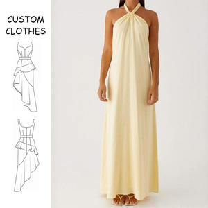 कस्टम आकस्मिक गर्मी चमक आस्तीन ठोस पीले हल्टर कॉलर बैकलेस साम्राज्य कमर सांस लेने योग्य पर्यावरण अनुकूल सूती लिनन मैक्सी - Product Image 1